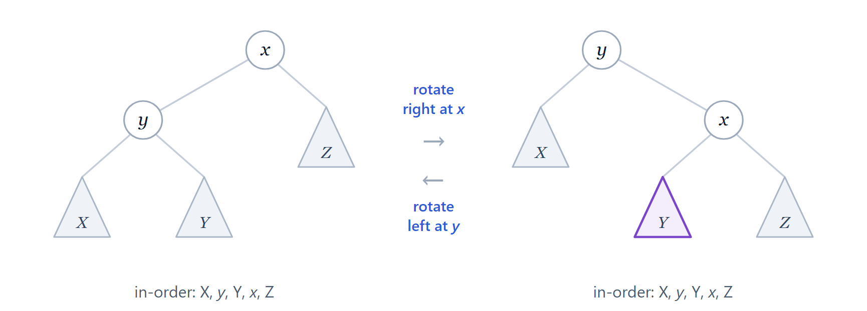 Rotating right at x makes its left child y the root of this subtree, with x as y's right child. The only subtree that changes parent is Y. Rotating left at y undoes it. Reading left to right, the order X, y, Y, x, Z is the same in both.