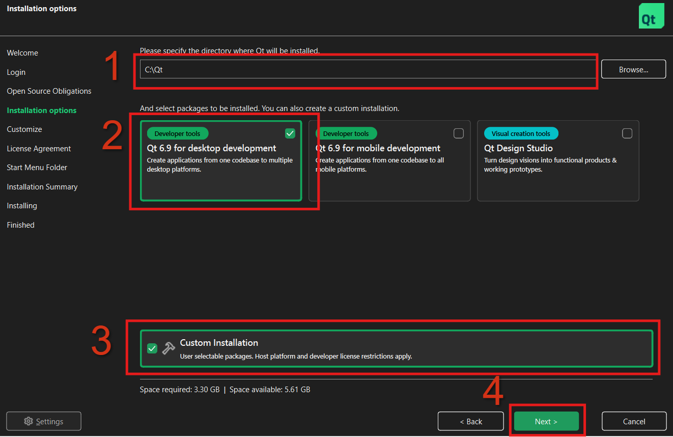 Enter the installation path and select custom installation
