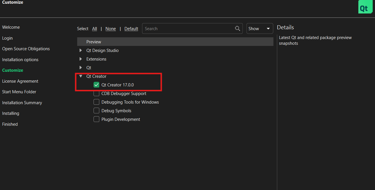 Ensure Qt Creator is selected under installation