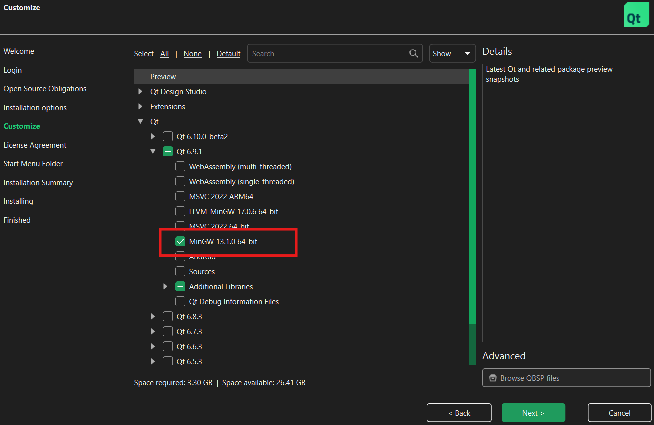 Ensure MinGW is selected under Build Tools