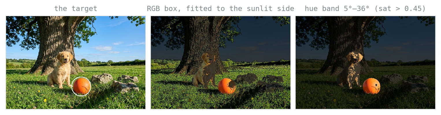 Three panels of the scene. Left: the original photograph with the orange ball circled in white. Middle: the scene darkened except for pixels inside an RGB threshold box, which highlight the sunlit part of the ball plus scattered false positives in the grass and on the dog. Right: the scene darkened except pixels within an orange hue band, which highlight the entire ball including its shaded side, along with much of the dog's golden coat.