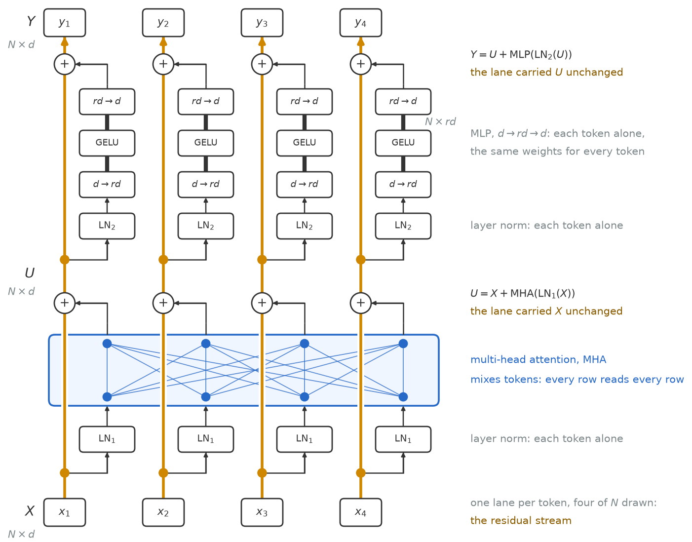 Four thick gold vertical residual streams run from x1 to x4 at the bottom to y1 to y4 at the top, with the shape N by d marked at X, U and Y. Each stream branches through LN1 into a blue multi-head attention band, in which every branch connects to every other, and adds back at a circled plus to give U. Each then branches again through LN2, a d to rd layer, GELU and an rd to d layer, with N by rd on the thick wires, and adds back to give Y. The equations U = X + MHA(LN1(X)) and Y = U + MLP(LN2(U)) are printed beside their additions.