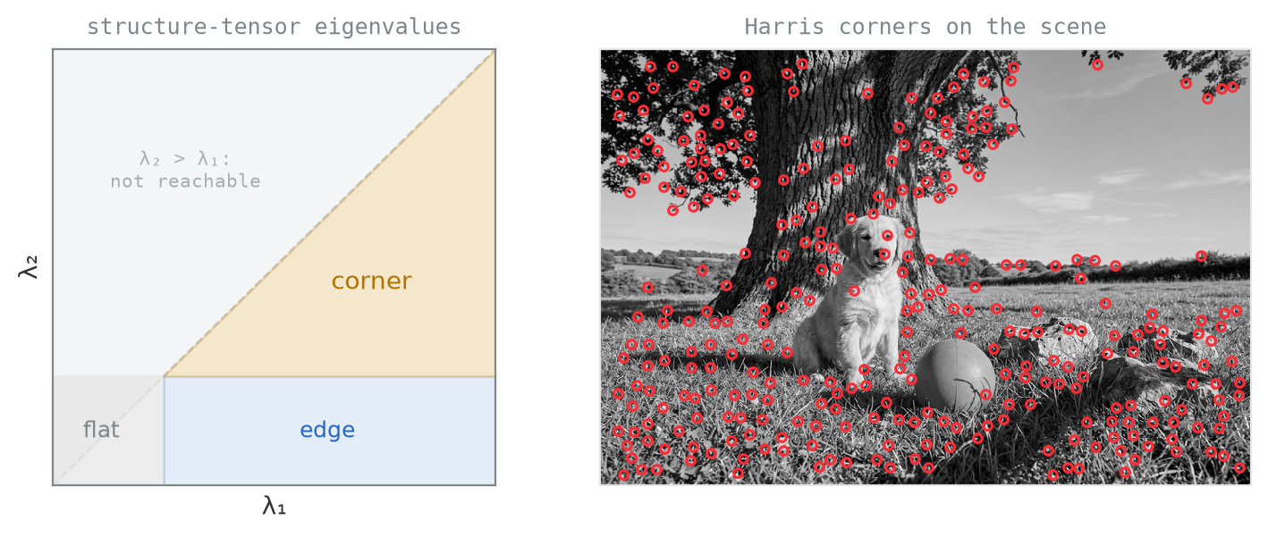 Two panels. Left: a schematic square plot with axes lambda one and lambda two, marked flat near the origin, edge along each axis, and corner in the upper right region. Right: the grayscale scene overlaid with small red circles at detected corners, concentrated on the rocks, tree, dog, and grass, absent from the sky.