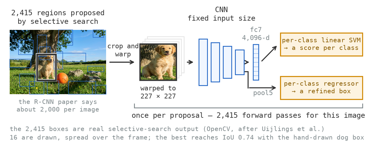 A left-to-right pipeline diagram. The scene photograph carries sixteen thin blue rectangles spread across sky, tree, grass and rocks, and one thick dark rectangle around the dog, labelled 2,415 regions proposed by selective search. An arrow labelled crop and warp leads to a stack of square crops labelled warped to 227 by 227, then into a row of narrowing CNN blocks. A bar labelled fc7, 4,096-d leaves the last block and feeds a box reading per-class linear SVM, a score per class. A second line branches from the last block itself, labelled pool5, and feeds a box reading per-class regressor, a refined box. A bracket beneath reads once per proposal, 2,415 forward passes for this image.