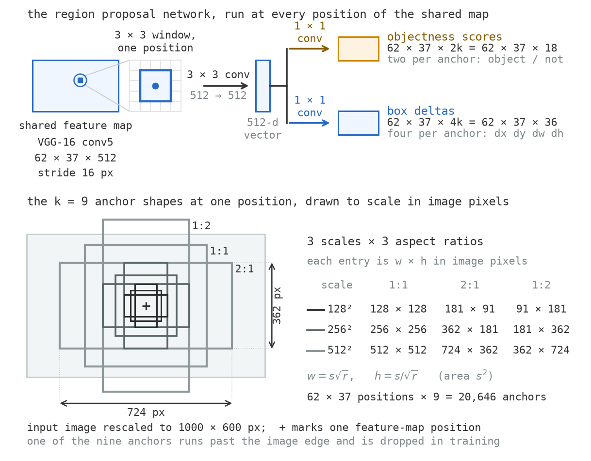 A two-part diagram. Above, a shared feature map with a three by three window highlighted, an arrow labelled 3 by 3 conv leading to a tall bar labelled 512-d vector, and two arrows labelled 1 by 1 conv leading to two blocks labelled objectness scores, 62 by 37 by 18, and box deltas, 62 by 37 by 36. Below, nine nested rectangles of three sizes and three shapes drawn to scale on a pale image rectangle, with a plus marking their shared centre, and a table listing their pixel dimensions from 128 by 128 up to 724 by 362.