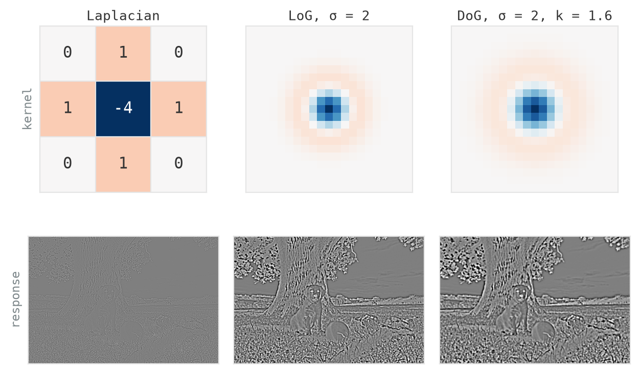A three-column grid. Top row: the discrete Laplacian as an annotated three-by-three heatmap with minus four at the centre, then the Laplacian of Gaussian and Difference of Gaussians kernels as smooth blue-centred blobs with faint red surrounds. Bottom row: signed responses on the photograph; the raw Laplacian response is fine grey speckle, while the LoG and DoG responses are clean and virtually identical, outlining blobs and edges.